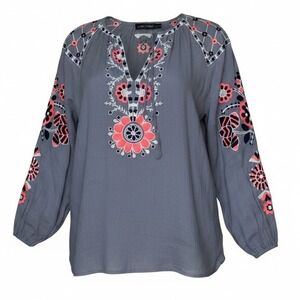 Antik Batik Embroidered Floral Peasant Blouse Blue Grey Cotton Boho XS/36